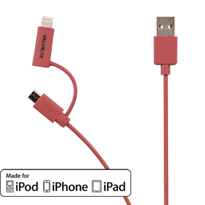 Valueline micro USB kabel met MFi Lightning adapter rood