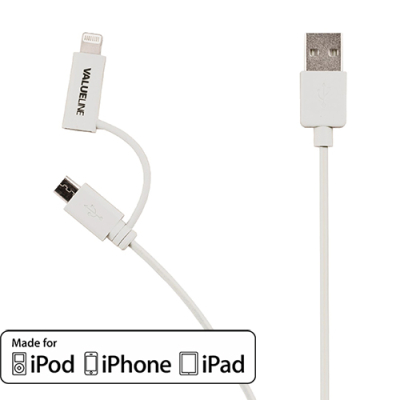Valueline micro USB kabel met MFi Lightning adapter wit