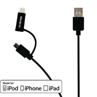 Valueline micro USB kabel met MFi Lightning adapter zwart